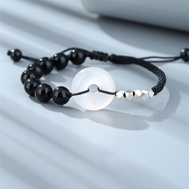 Bracelet en argent sterling 925 avec boucle de paix et obsidienne noire
