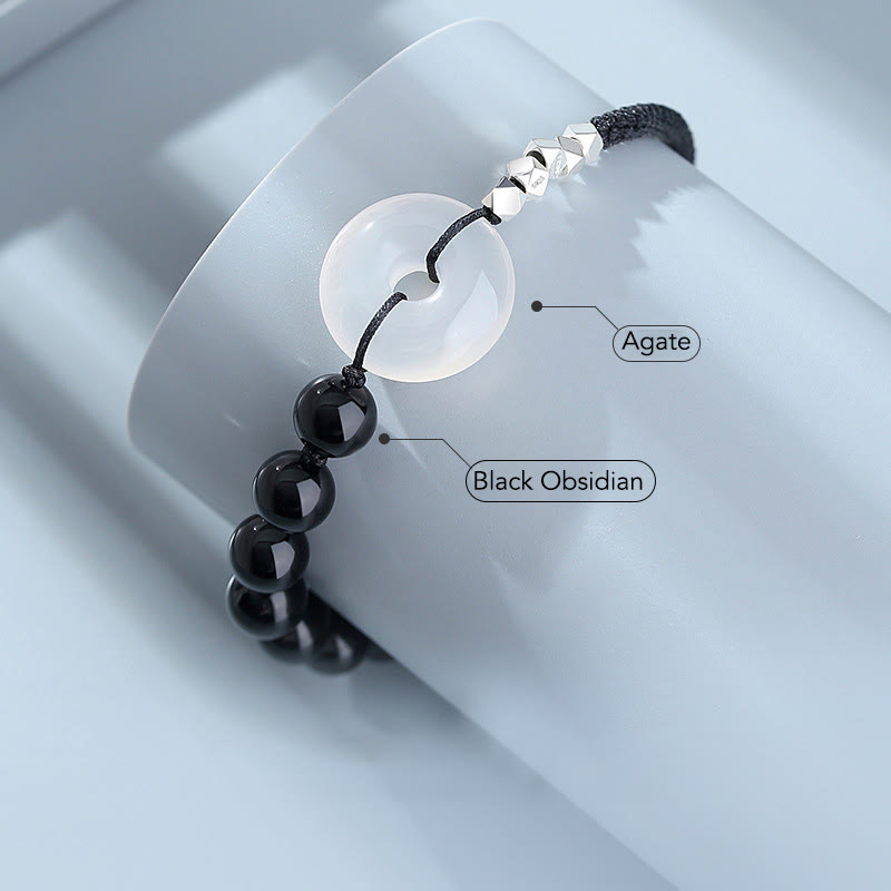 Bracelet en argent sterling 925 avec boucle de paix et obsidienne noire