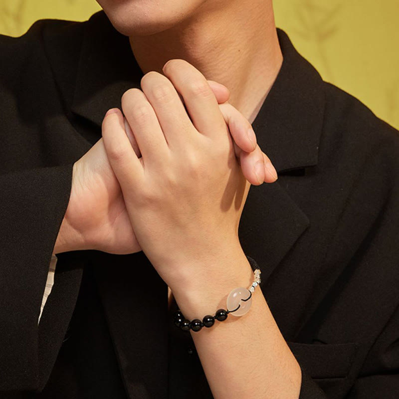Bracelet en argent sterling 925 avec boucle de paix et obsidienne noire