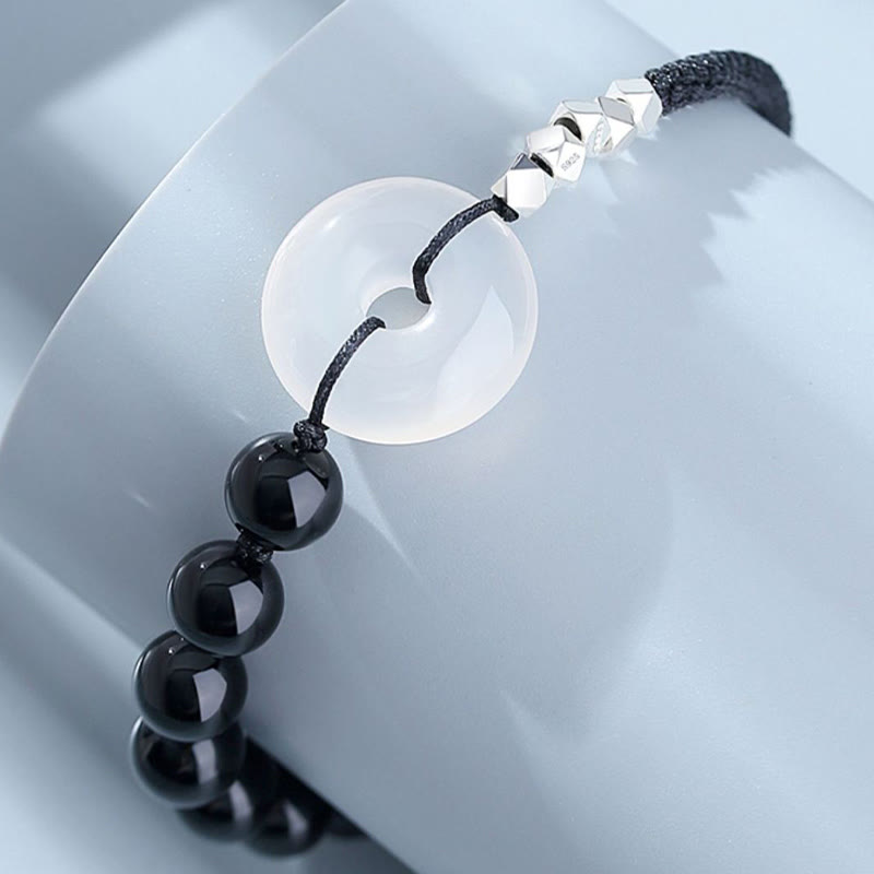 Bracelet en argent sterling 925 avec boucle de paix et obsidienne noire