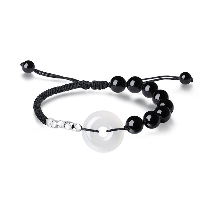 Bracelet en argent sterling 925 avec boucle de paix et obsidienne noire