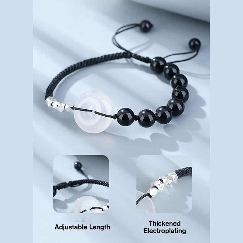 Bracelet en argent sterling 925 avec boucle de paix et obsidienne noire