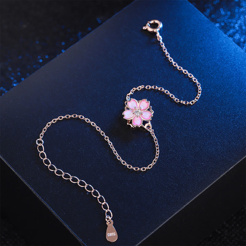 Bracelet chaîne en argent sterling 925 avec anneau rotatif et motif fleurs de cerisier