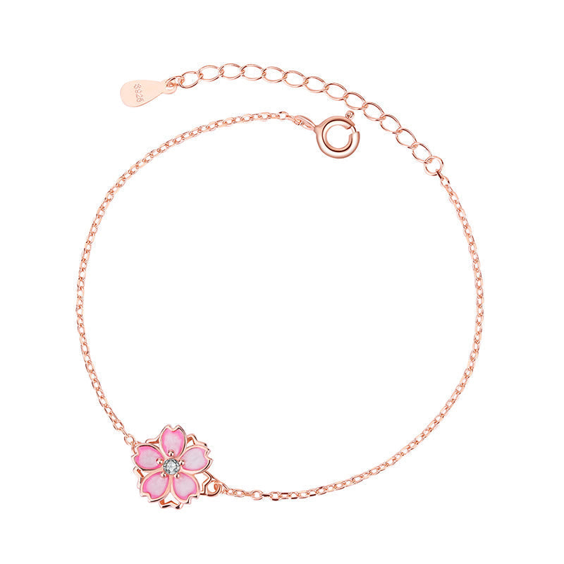 Bracelet chaîne en argent sterling 925 avec anneau rotatif et motif fleurs de cerisier