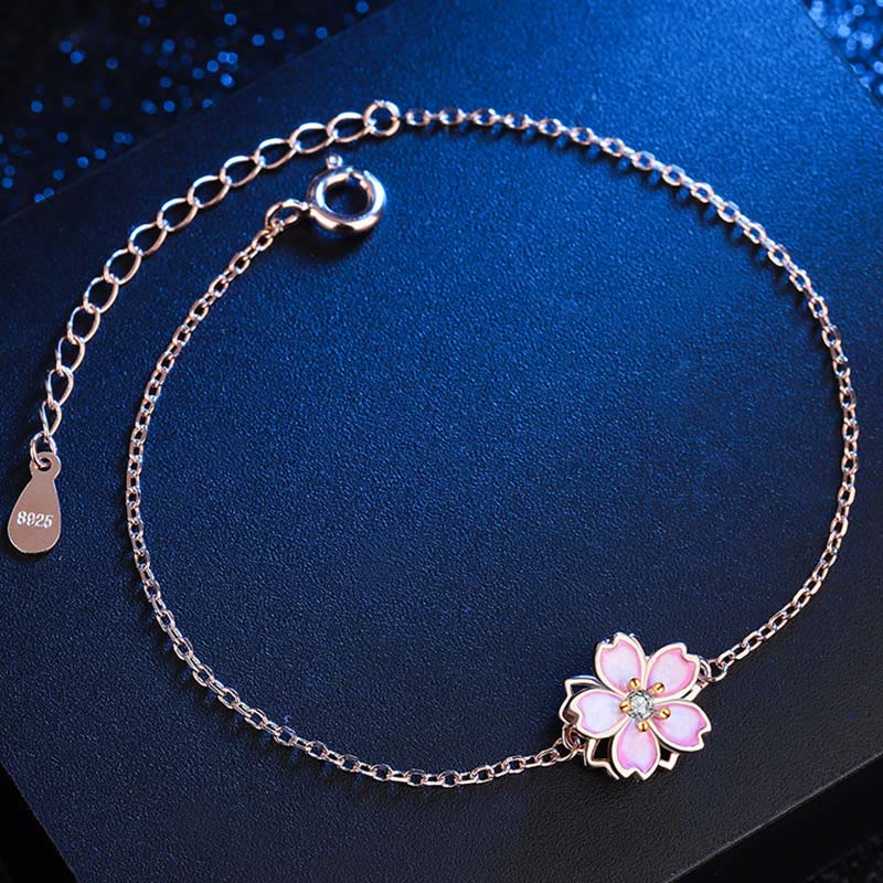 Bracelet chaîne en argent sterling 925 avec anneau rotatif et motif fleurs de cerisier