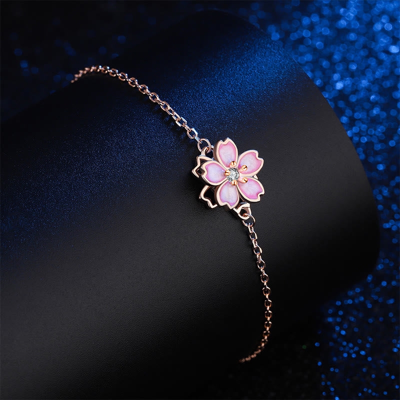 Bracelet chaîne en argent sterling 925 avec anneau rotatif et motif fleurs de cerisier