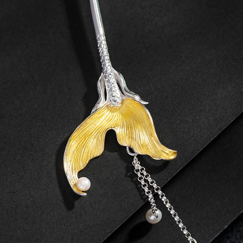 Épingle à cheveux en argent sterling 925 avec pompon et perles chinoises en forme de queue de poisson