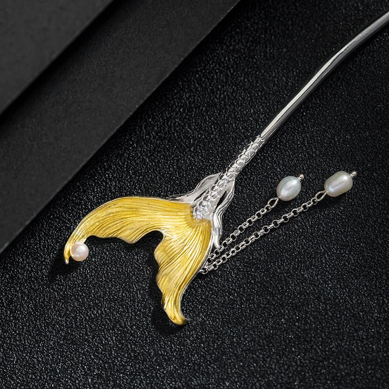 Épingle à cheveux en argent sterling 925 avec pompon et perles chinoises en forme de queue de poisson