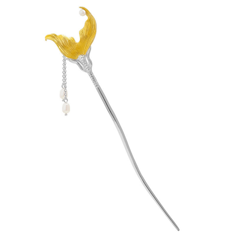 Épingle à cheveux en argent sterling 925 avec pompon et perles chinoises en forme de queue de poisson