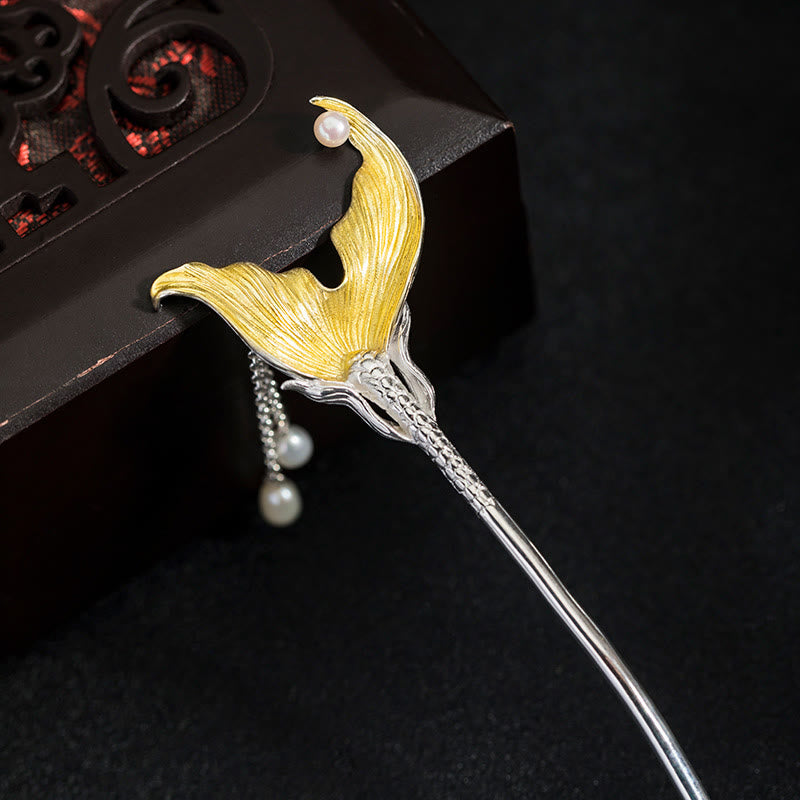 Épingle à cheveux en argent sterling 925 avec pompon et perles chinoises en forme de queue de poisson