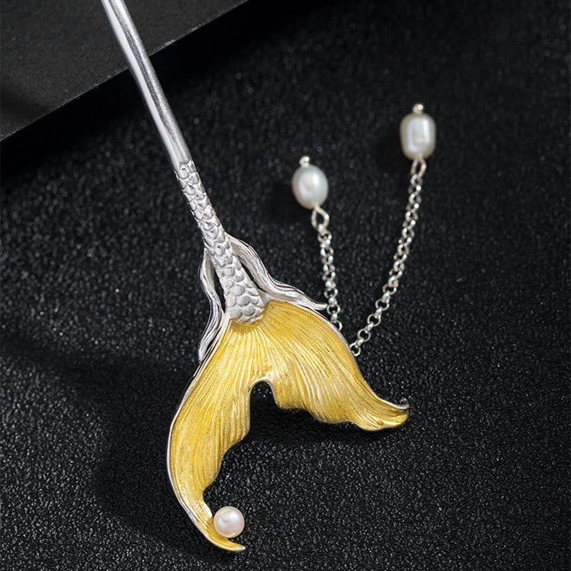 Épingle à cheveux en argent sterling 925 avec pompon et perles chinoises en forme de queue de poisson