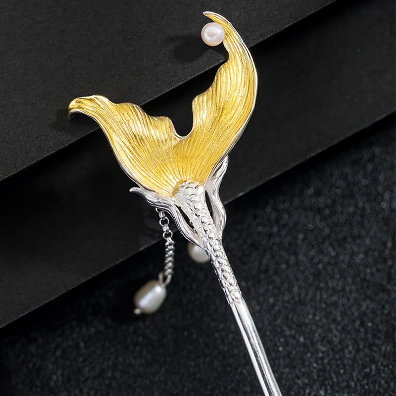 Épingle à cheveux en argent sterling 925 avec pompon et perles chinoises en forme de queue de poisson