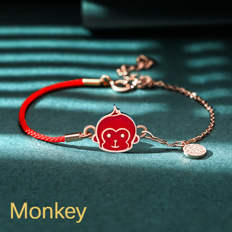 Bracelet en argent sterling 925 avec cordon rouge et protection du zodiaque chinois
