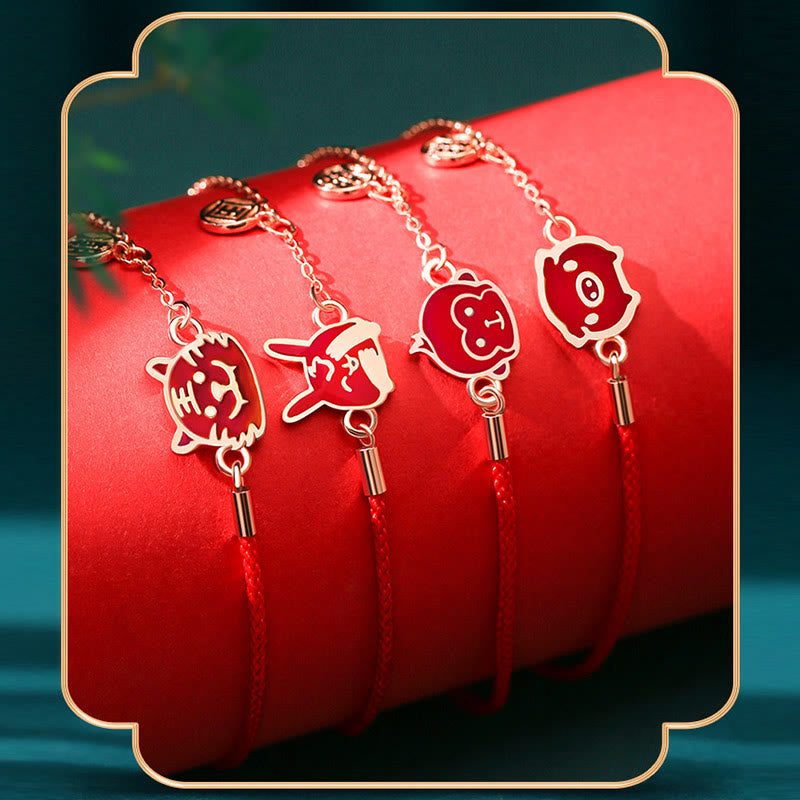 Bracelet en argent sterling 925 avec cordon rouge et protection du zodiaque chinois