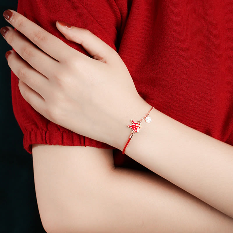 Bracelet en argent sterling 925 avec cordon rouge et protection du zodiaque chinois