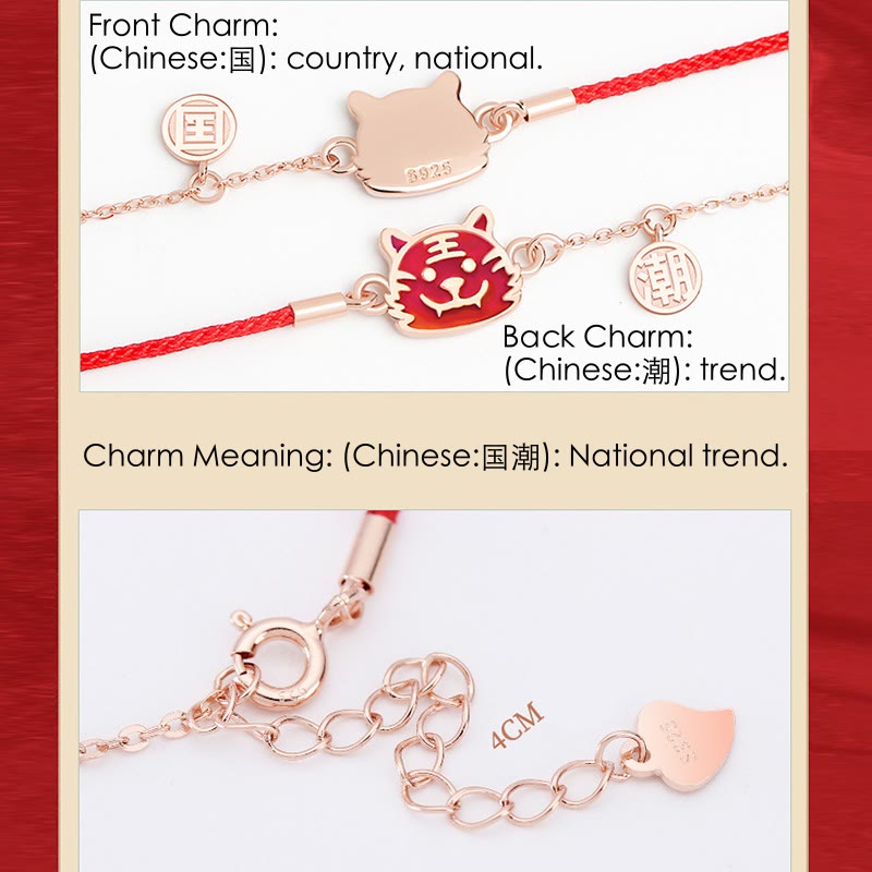 Bracelet en argent sterling 925 avec cordon rouge et protection du zodiaque chinois