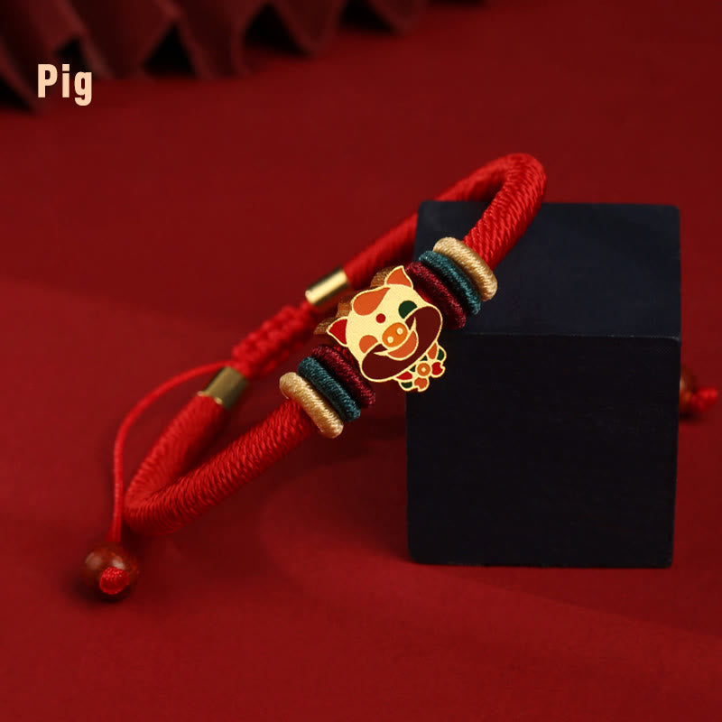 Bracelet porte-bonheur en argent sterling 925 avec signe du zodiaque chinois rouge