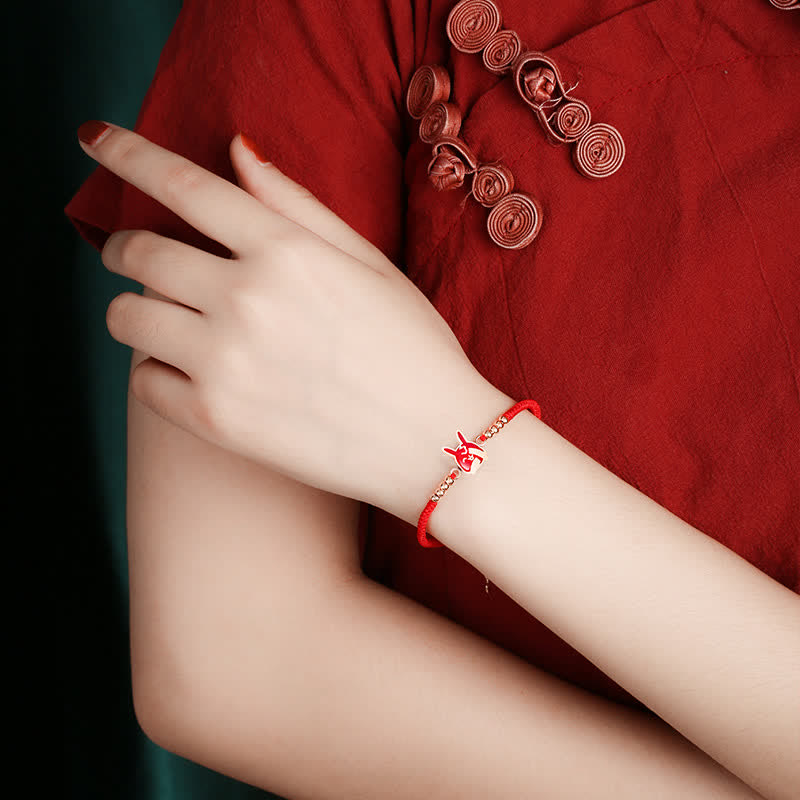 Bracelet en argent sterling 925 avec cordon rouge et signe du zodiaque chinois