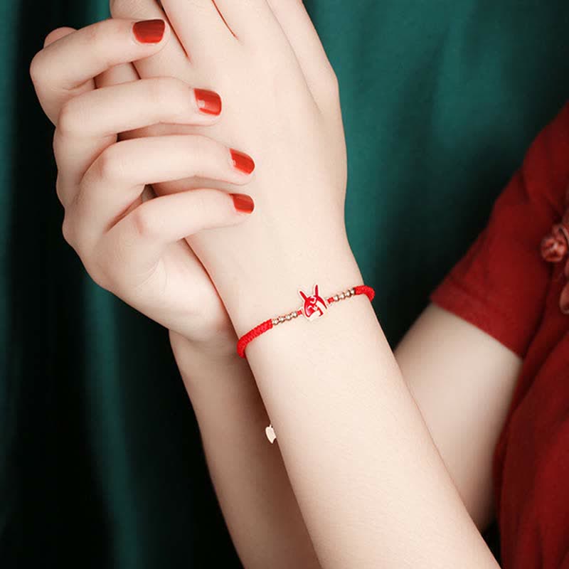 Bracelet en argent sterling 925 avec cordon rouge et signe du zodiaque chinois