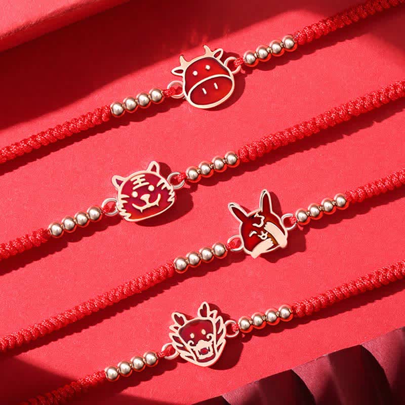 Bracelet en argent sterling 925 avec cordon rouge et signe du zodiaque chinois