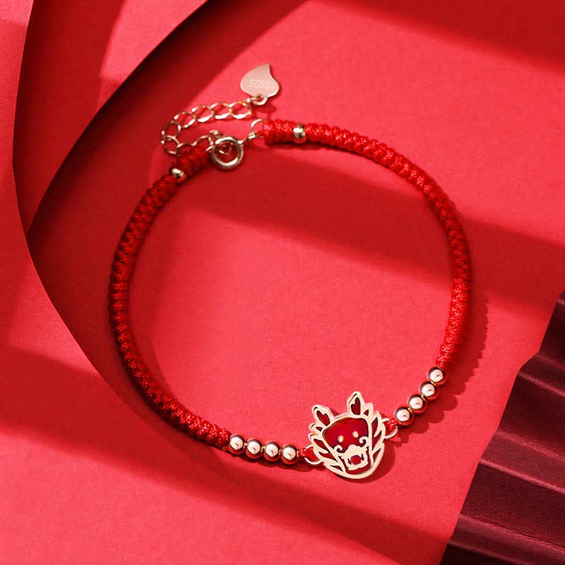 Bracelet en argent sterling 925 avec cordon rouge et signe du zodiaque chinois