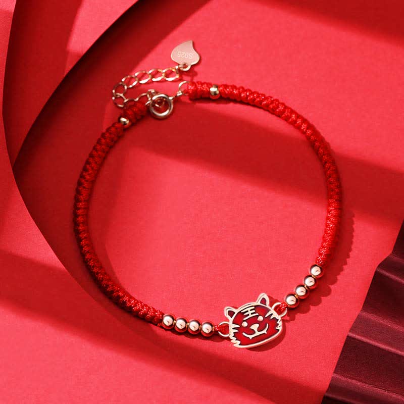 Bracelet en argent sterling 925 avec cordon rouge et signe du zodiaque chinois
