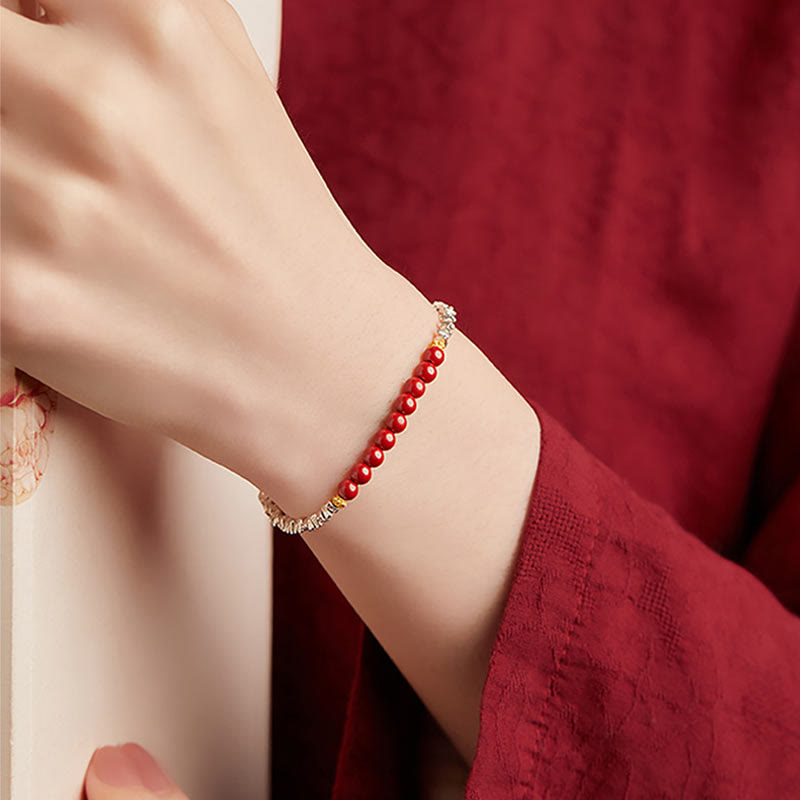 Bracelet en argent sterling 925 et cinabre avec bénédiction du caractère Fu