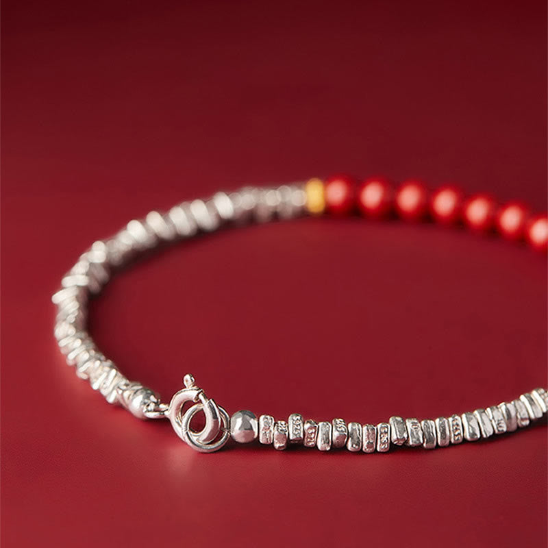 Bracelet en argent sterling 925 et cinabre avec bénédiction du caractère Fu