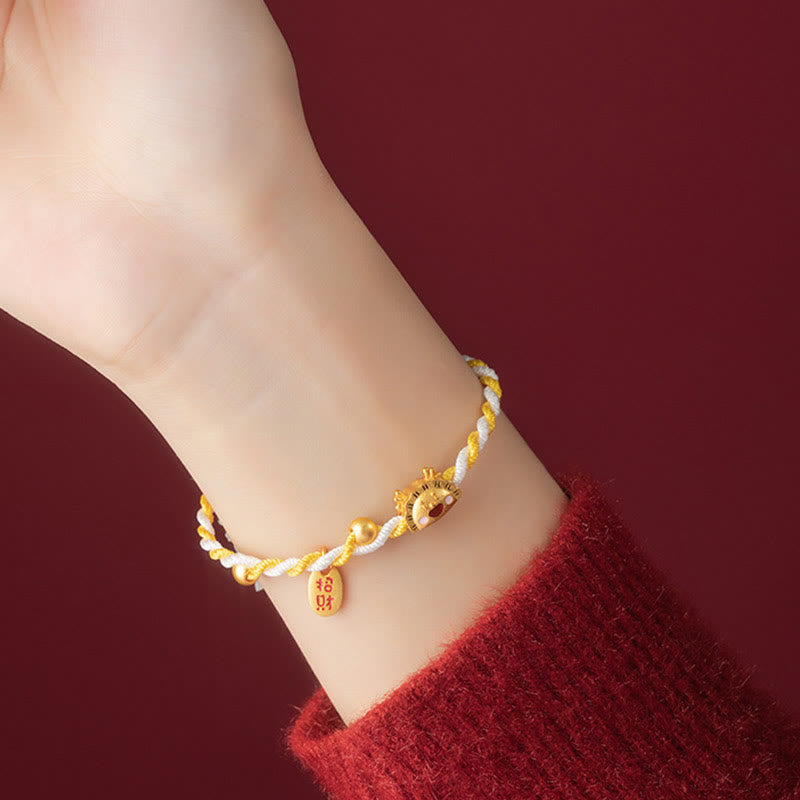 Bracelet tressé en argent sterling 925 avec dragon et boulettes de riz