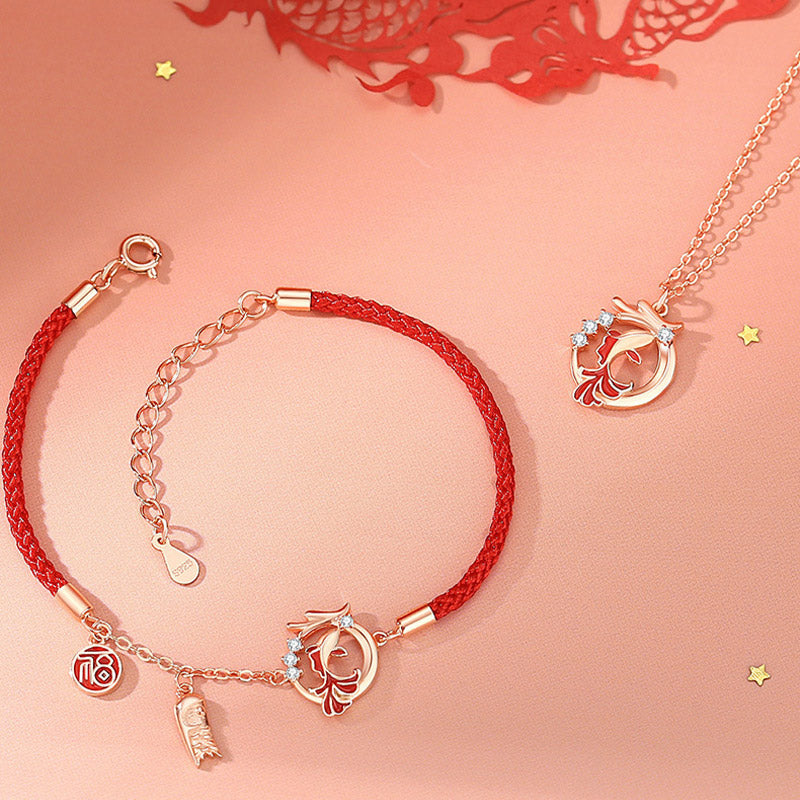 Ensemble collier et bracelet porte-bonheur en argent sterling 925 avec motif dragon et poisson koï
