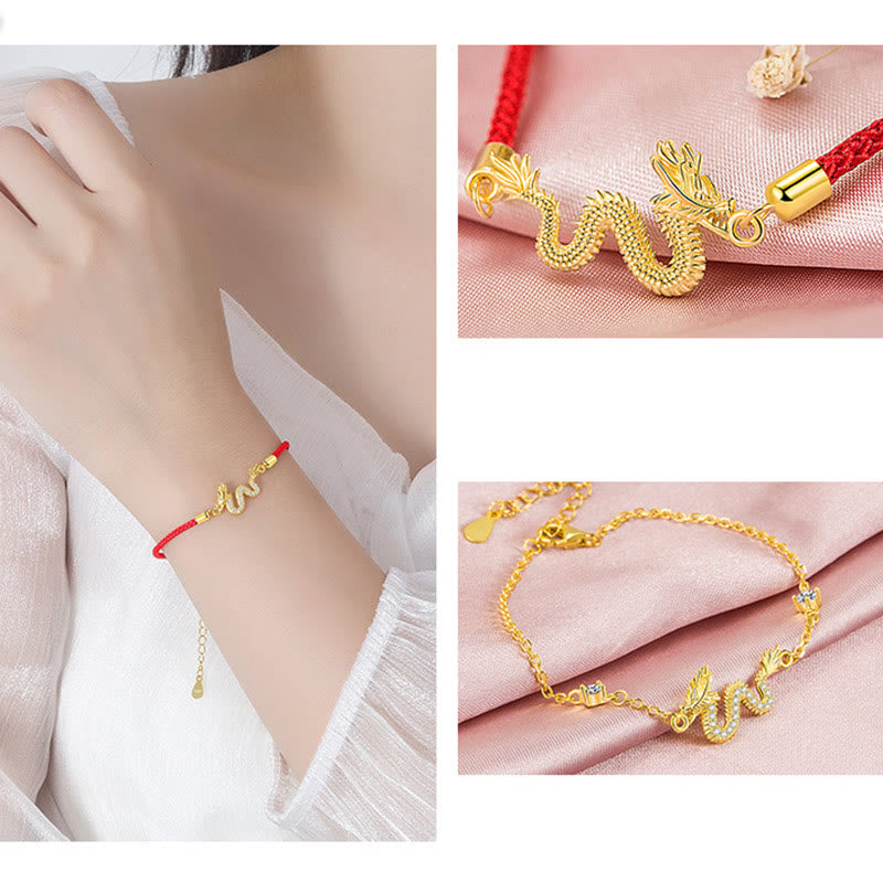 Bracelet porte-bonheur dragon en argent sterling 925 | Cordon rouge ou chaîne en or