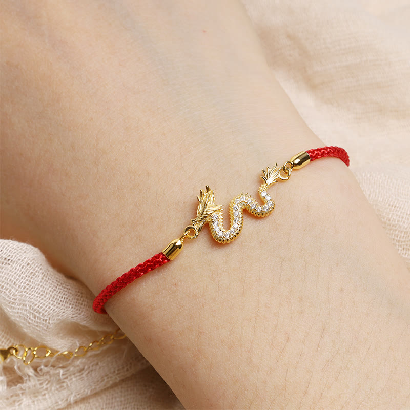 Bracelet porte-bonheur dragon en argent sterling 925 | Cordon rouge ou chaîne en or