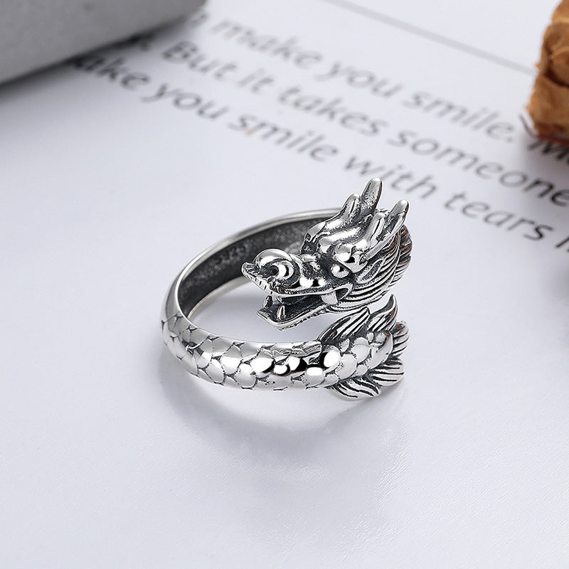 Bague Force du Dragon en argent sterling 925 | Anneau porte-bonheur ajustable