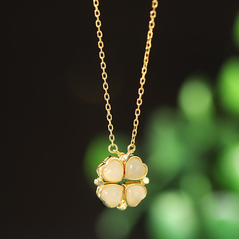 Collier en argent sterling 925 avec trèfle à quatre feuilles et jade pour l'abondance et la protection