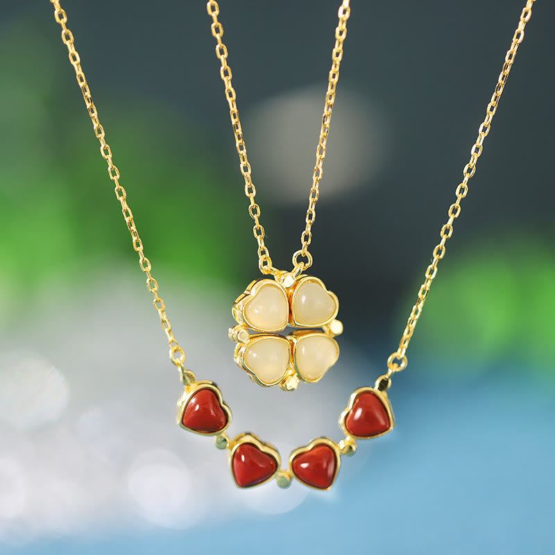 Collier en argent sterling 925 avec trèfle à quatre feuilles et jade pour l'abondance et la protection