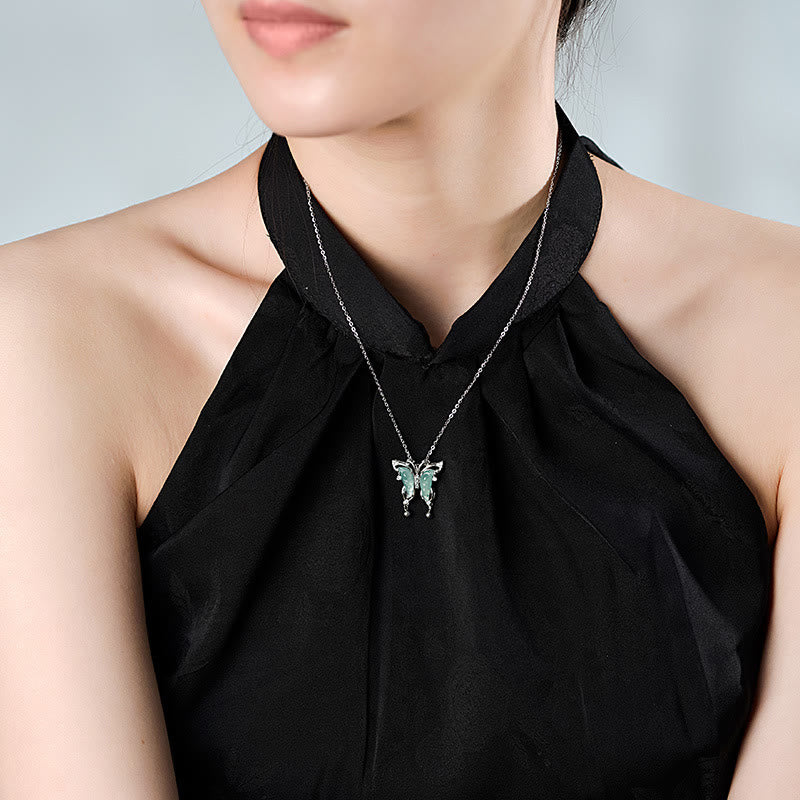 Collier porte-bonheur papillon en argent sterling 925 et jade vert