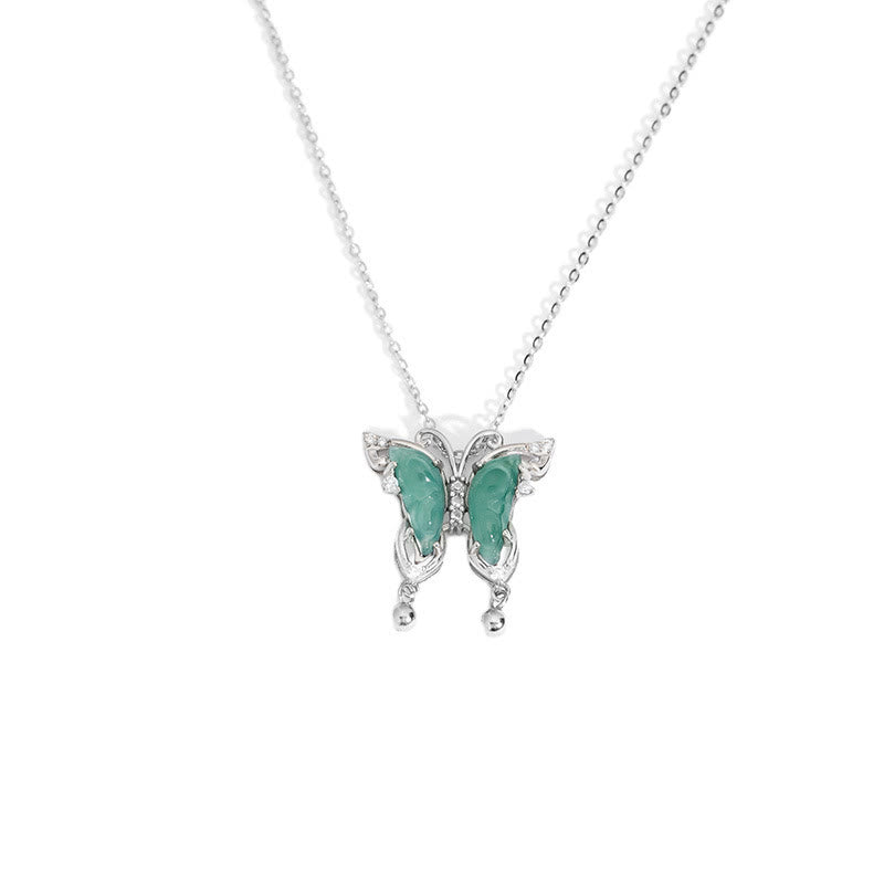 Collier porte-bonheur papillon en argent sterling 925 et jade vert