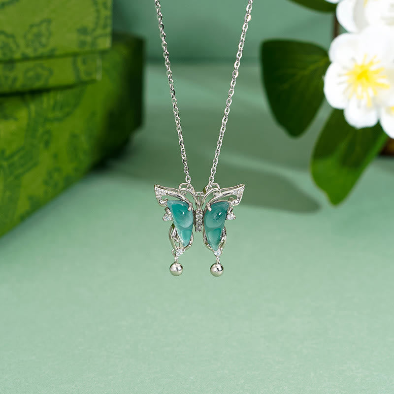 Collier porte-bonheur papillon en argent sterling 925 et jade vert