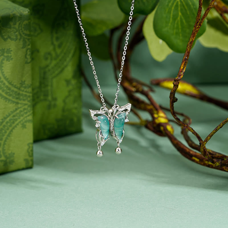 Collier porte-bonheur papillon en argent sterling 925 et jade vert