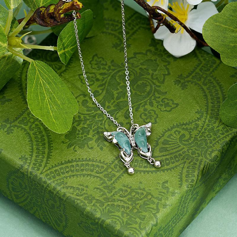 Collier porte-bonheur papillon en argent sterling 925 et jade vert