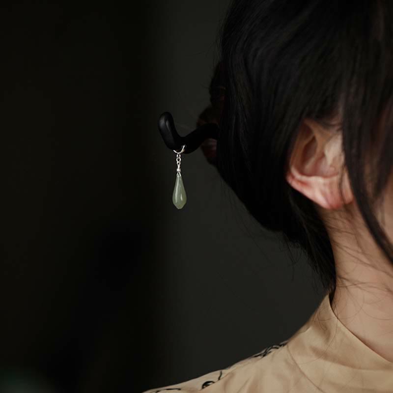 Épingle à cheveux chinoise en argent sterling 925 et bois d'ébène de jade Hetian pour la chance et le calme