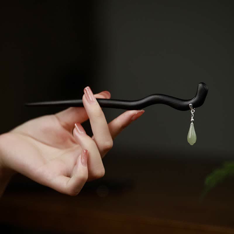 Épingle à cheveux chinoise en argent sterling 925 et bois d'ébène de jade Hetian pour la chance et le calme