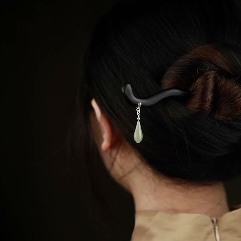 Épingle à cheveux chinoise en argent sterling 925 et bois d'ébène de jade Hetian pour la chance et le calme