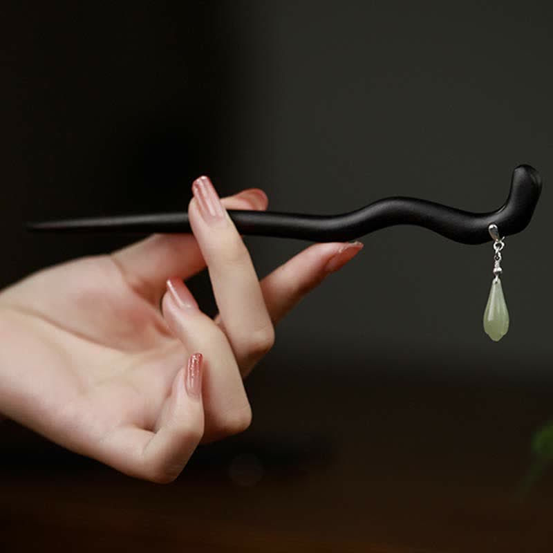 Épingle à cheveux chinoise en argent sterling 925 et bois d'ébène de jade Hetian pour la chance et le calme