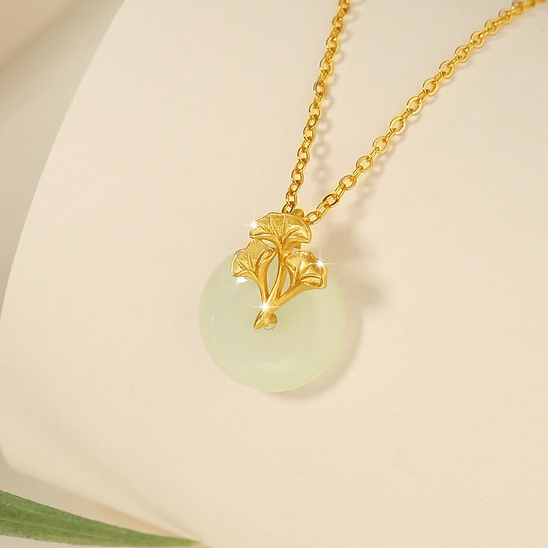 Collier de prospérité en argent sterling 925 et jade Hetian avec feuilles de ginkgo
