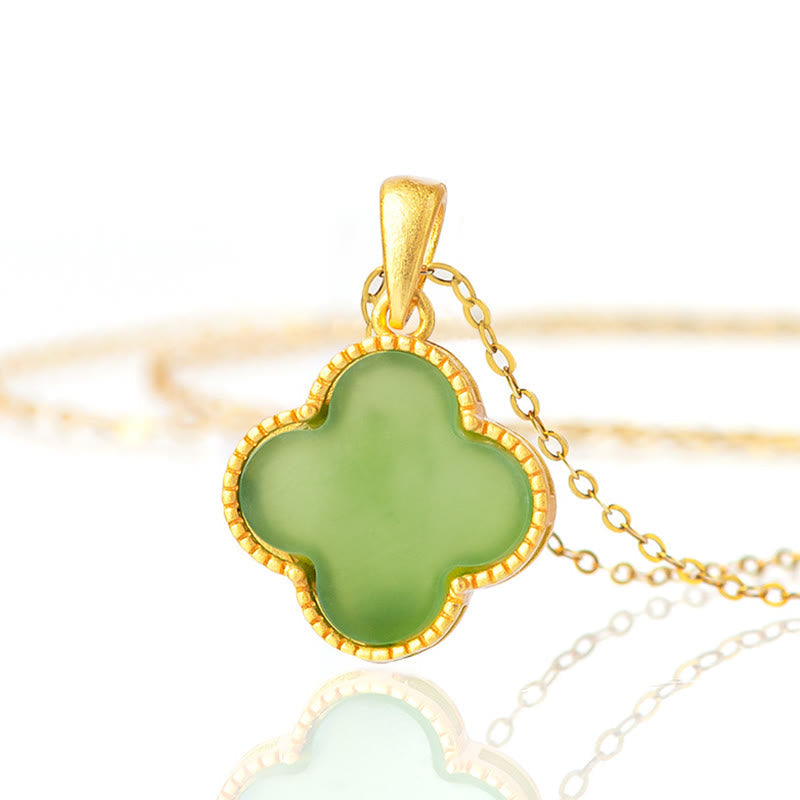 Collier porte-bonheur en argent sterling 925 et jade Hetian avec trèfle à quatre feuilles
