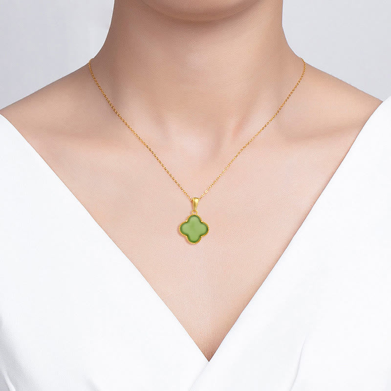 Collier porte-bonheur en argent sterling 925 et jade Hetian avec trèfle à quatre feuilles