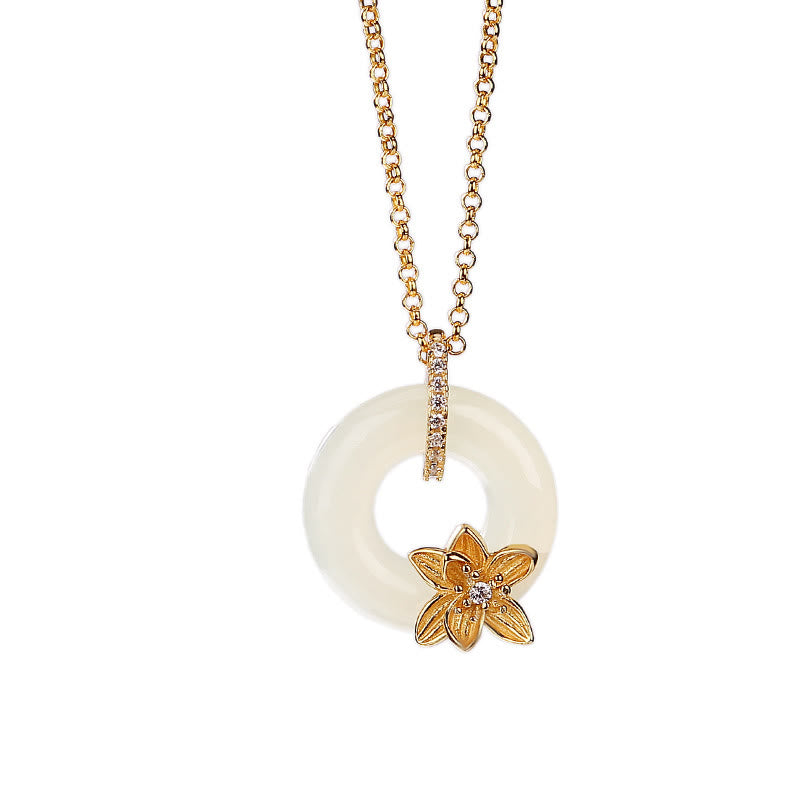 Collier porte-bonheur en argent sterling 925 et jade Hetian avec boucle de paix et fleur