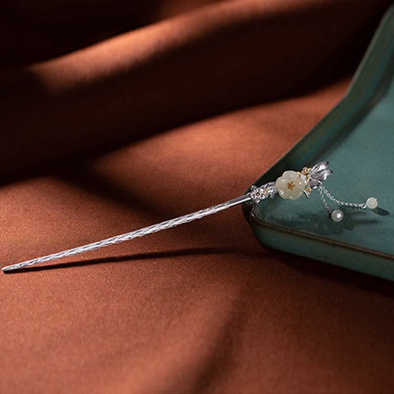Épingle à cheveux chinoise en argent sterling 925 avec fleur de jade blanc Hetian et bénédiction
