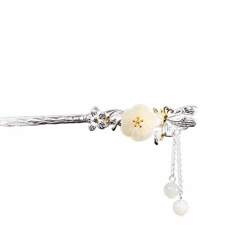 Épingle à cheveux chinoise en argent sterling 925 avec fleur de jade blanc Hetian et bénédiction
